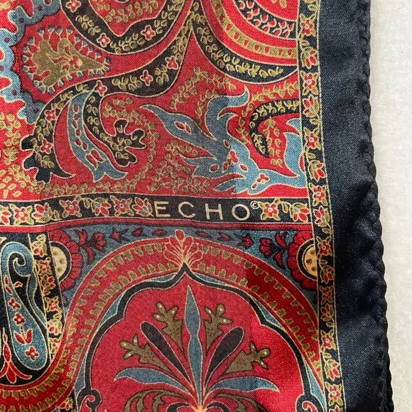 Echo Silk Scarf Paisley Oblong Rectangle 54"x11" Maroon Red Blue Taupe Black - Picture 10 of 10